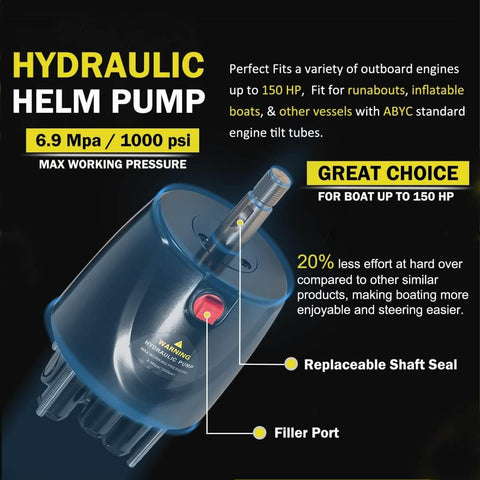 All In One 150HP Outboard Hydraulic Steering Kit With 13 Inch Plated Alloy Steering Wheel, 25 CC Helm Pump, Cylinder, And 26.8 Foot Cuttable Hoses For Yamaha, Honda, Suzuki, Mercury, Bay Boats, Pontoon showing blue hydraulic helm pump with specifications.