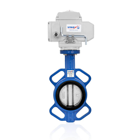 4 Inch DN100 Wafer Butterfly Valve With 110V AC Actuator, Stainless Steel AISI 304 Body, EPDM Seat, GGG40.3, For Water And Air, Beefed Up Industrial Grade Flow Control Valve, Optional 24V DC Actuator And 4 To 20 mA Proportional Control on blue wafer body