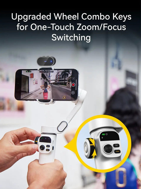 3 Axis Phone Gimbal With AI Tracking Sensor with OLED display and zoom/focus wheel keys demonstration.