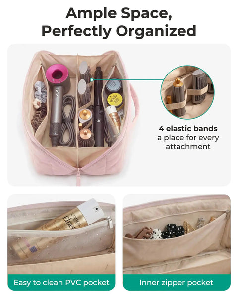 Hair Tool Organizer Travel Case For Dyson Airwrap And Shark FlexStyle open to show compartments with tools and pockets, khaki color.