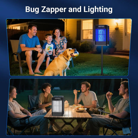 Outdoor Solar Mosquito Zapper With Ground Bracket And Hook For Quick Setup Cordless Waterproof Fly Killer with illuminated light.