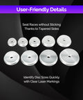 Bearing Race And Seal Driver Set With Seal Driver And Nine Bearing Adapters, user-friendly marked discs for wheel bearing installation.