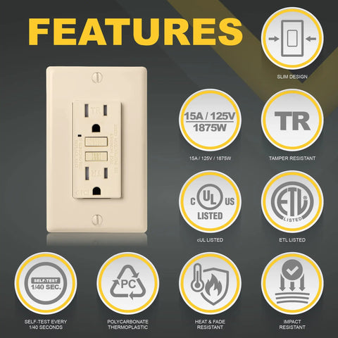 15A GFCI Outlet With LED Indicator And Self Test, Kid Safe Tamper Resistant GFI Duplex Receptacles ETL Listed