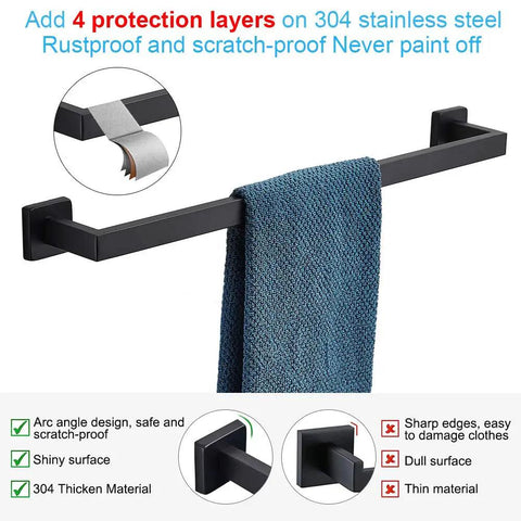 Built To Last 4 Piece Matte Black Stainless Steel Bathroom Hardware Set Includes 24 Inch Towel Bar Hand Towel Holder Toilet Paper Holder And Wall Hooks Thick SUS304 Rust Resistant Finish For Modern Homes showing a towel bar with blue towel
