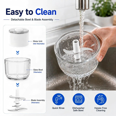 Mini Electric Garlic chopper with 350ml Thick Glass Bowl under running water for easy cleaning of detachable parts.