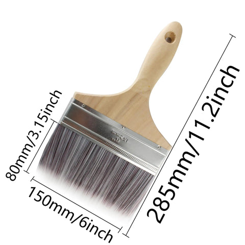 6 Inch Wide Soft Bristle Paint Brush for Decks and Masonry with wooden handle, dimensions 285x150mm, nylon filaments visible.