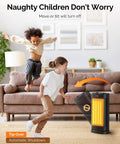 Two-Second 1500W Indoor Space Heater with safety tip-over feature and automatic shutdown, shown in a living room with playful kids.
