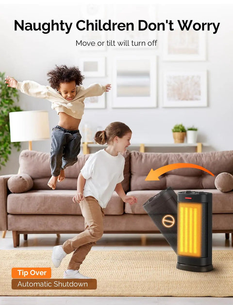 Two-Second 1500W Indoor Space Heater with safety tip-over feature and automatic shutdown, shown in a living room with playful kids.