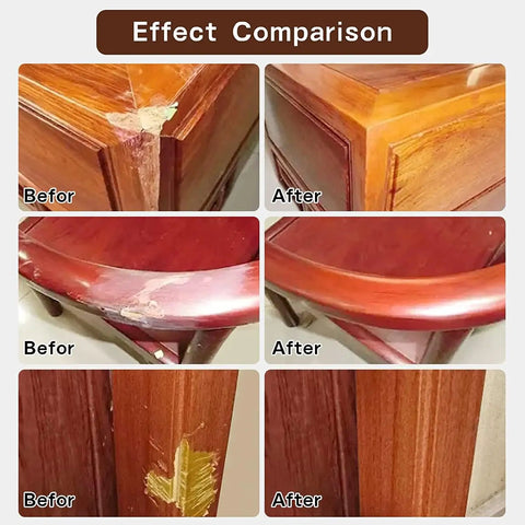 Effect comparison of furniture scratches before and after using Heavy Duty Wood Repair Kit And Touch Up Paint For Furniture Scratches And Stains Hardwood Floor Cabinet Veneer Filler With 12 Matched Colors Walnut Oak Super Simple Blend No Sweat Apply Total Game Changer Tool.