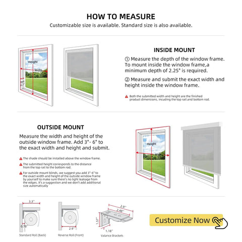 Diagram showing measurement instructions for Motorized Smart Light Filtering Blind For Window With Remote Control Automatic Blackout Roller Shade Customizable Size With Valance