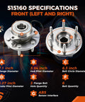 Wheel Bearing And Hub Assembly With Abs Beefy For GM Trucks And Full Size SUVs 6 Lug 4WD Fits Tahoe Silverado Suburban Sierra Yukon Escalade 515160 Premium Quality shown with specifications including 6 lug bolts, 4WD ABS compatibility, and front left/right fitment.
