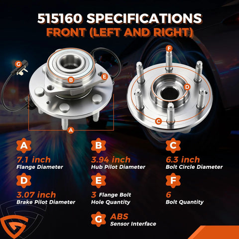 Wheel Bearing And Hub Assembly With Abs Beefy For GM Trucks And Full Size SUVs 6 Lug 4WD Fits Tahoe Silverado Suburban Sierra Yukon Escalade 515160 Premium Quality shown with specifications including 6 lug bolts, 4WD ABS compatibility, and front left/right fitment.
