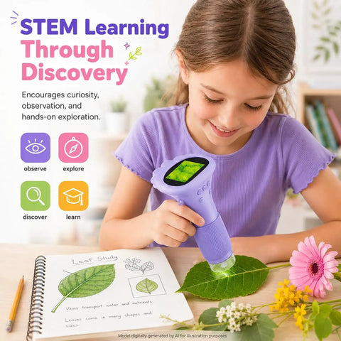 Awesome Kids Handheld Microscope Camera With 2 Inch Screen, Educational Magnifier Toy For Science Fun, Great Christmas Birthday Gift For Ages 3 To 12, Boys And Girls, Purple, girl examining a leaf