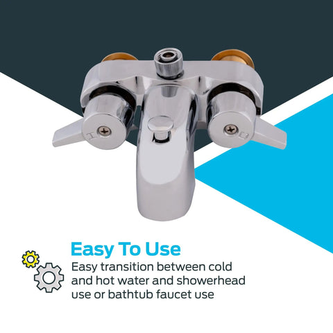 Two-Handle Add-On Shower Diverter Bathcock In Chrome Plated Brass, Fits Most Tubs, Easy Conversion From Bath Faucet, Ideal For Clawfoot Bathtubs, Durable, Modern Chrome Finish, Model 11129. Front view with easy transition feature description.