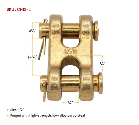 One Half Inch G70 Chain Double Clevis Mid Link Tie Down Links for Truck and Trailer Towing Four Pack Heavy Duty High Strength Forged