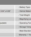 Specifications table for True Color Auto Darkening Welding Helmet With Wide Shade Range 4/5-13, Solar Powered Eye Protection