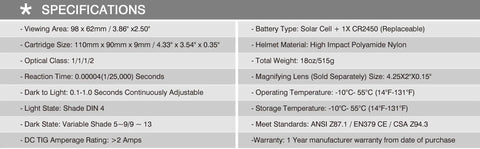 Specifications table for True Color Auto Darkening Welding Helmet With Wide Shade Range 4/5-13, Solar Powered Eye Protection