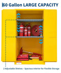 Heavy Duty Flammable Storage Cabinet 60 Gallon Double Wall Safety Vault with two adjustable shelves and fire extinguishers.