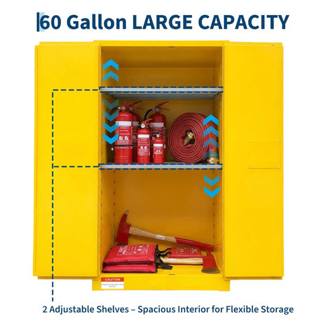 Heavy Duty Flammable Storage Cabinet 60 Gallon Double Wall Safety Vault with two adjustable shelves and fire extinguishers.