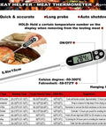 Meat thermometer with 5.9in probe, showing 28.4°C, next to a temperature chart for smoking different meats.