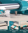 16 Inch Manual Tile Cutter with tungsten carbide wheel, laser guide, and anti-skid pads showing precise cutting features.