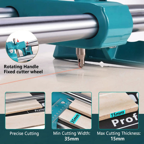 16 Inch Manual Tile Cutter with tungsten carbide wheel, laser guide, and anti-skid pads showing precise cutting features.