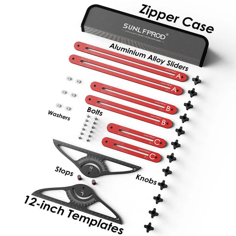 Heavy Hitter Stair Tread Template Tool With Double Nut Locking Design For Precision Woodworking And Carpentry Jig Setup Smooth Operator For DIY Contractors Straight Shot Layout Guide in zipper case with aluminum alloy sliders and accessories.