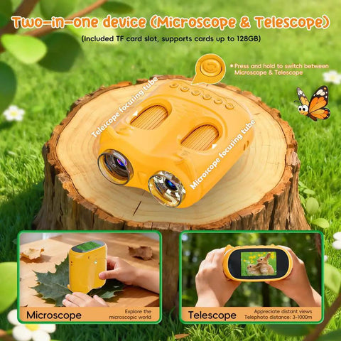 Cool 2-In-1 Kids Microscope And Telescope With 1000X Digital Zoom, HD Portable Science Toy For Ages 4-12, Learn Plants Insects And Birds, Educational Birthday Gift, Yellow; front view on tree stump