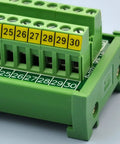 DIN Rail Mount 30-Position Screw Terminal Block Distribution Module With 24A Per Position, 400V Rating, shown close-up.