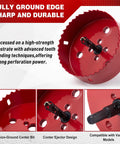 Close-up of DIY Pro Grade Hole Saw Kit showing red bi-metal saw with carbide teeth and precision-ground center bit.