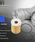 Premium Aluminum Oil Filter Assembly Kit With Seal Ring And Top Shell Bolt-On Replacement For Hyundai Palisade 2020-2024 Genesis G80 2017-2020 Kia Telluride 2020-2024 Sorento 2017-2024 Sedona 2017-2021 OEM 26300-3LAA0 components displayed