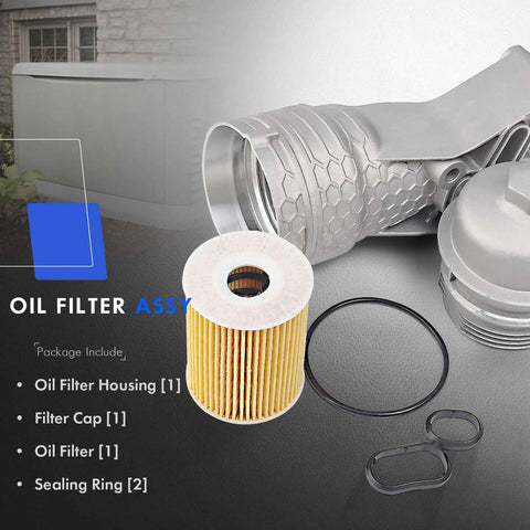 Premium Aluminum Oil Filter Assembly Kit With Seal Ring And Top Shell Bolt-On Replacement For Hyundai Palisade 2020-2024 Genesis G80 2017-2020 Kia Telluride 2020-2024 Sorento 2017-2024 Sedona 2017-2021 OEM 26300-3LAA0 components displayed