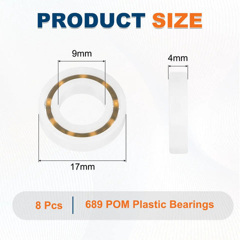 Product dimensions of 8 Pack POM Plastic Bearings 9 x 17 x 4 mm Deep Groove Ball Bearings With Glass Balls And Nylon Cage