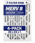Box of 20x24x1 Air Filter MERV 8 4 Pack Pleated Electrostatic for dust and allergy control in HVAC systems, made in USA.