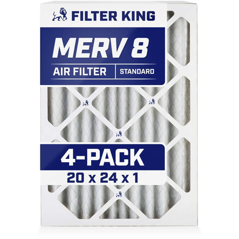 Box of 20x24x1 Air Filter MERV 8 4 Pack Pleated Electrostatic for dust and allergy control in HVAC systems, made in USA.