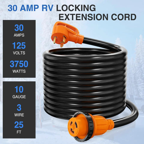 Beefy 30 Amp RV Locking Extension Cord 25 Ft 125V 10 Gauge Pure Copper STW Wire ETL Listed Weatherproof TT-30P L5-30R 3 Prong