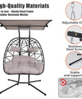 Double Hanging Egg Chair With Canopy And Stand For Two People, Outdoor Rattan Hammock Swing Chair With 700 Lbs Capacity, Ideal For Patio Balcony Garden Bedroom Or Indoor Outdoor Use, Black Gray Canopy And Stand shown with steel frame and adjustable chain highlights
