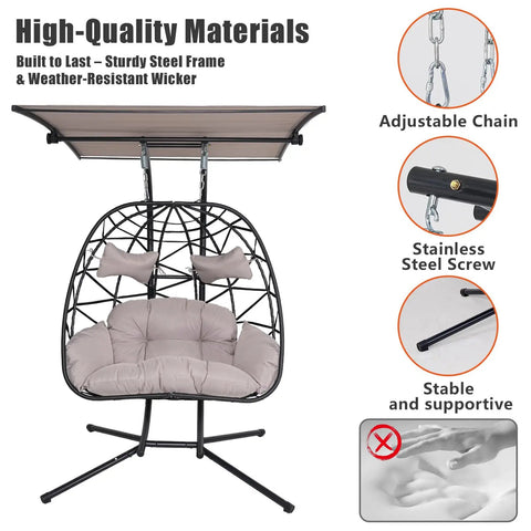 Double Hanging Egg Chair With Canopy And Stand For Two People, Outdoor Rattan Hammock Swing Chair With 700 Lbs Capacity, Ideal For Patio Balcony Garden Bedroom Or Indoor Outdoor Use, Black Gray Canopy And Stand shown with steel frame and adjustable chain highlights