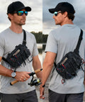 Man wearing water resistant outdoor chest bag for men with lightweight tactical design in black camo by a lake