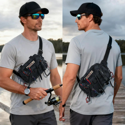 Man wearing water resistant outdoor chest bag for men with lightweight tactical design in black camo by a lake