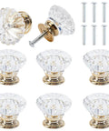 Upgraded Acrylic Crystal Cabinet Knobs And Drawer Pulls Featuring Slick Golden Diamond Cut Single Hole Furniture Hardware Kit Includes Heavy Duty Mounting Screws, includes 8 clear knobs and screws