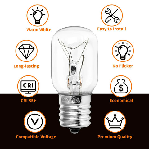 E17 Base 40W 125V Microwave Light Bulbs 2 Pack For GE Kenmore Whirlpool LG Maytag Amana with features like warm white and no flicker.