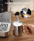 Kickstart Your Grind With This Game Changing Two In One Espresso And Drip Coffee Maker Featuring A Built In Milk Frother And Smart Touchscreen For Flawless Coffee Shop Sips. Stainless steel milk frother creating foam.