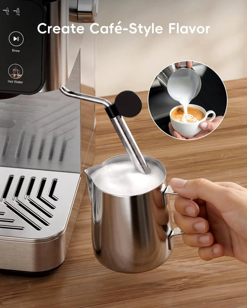 Kickstart Your Grind With This Game Changing Two In One Espresso And Drip Coffee Maker Featuring A Built In Milk Frother And Smart Touchscreen For Flawless Coffee Shop Sips. Stainless steel milk frother creating foam.