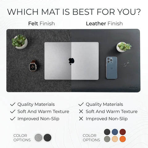 Comparison of felt and leather desk mats with a laptop, watch, and plant; showcasing quality materials and color options.
