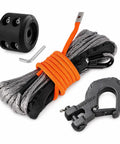 1/4 Inch X 50 Foot Synthetic Winch Rope In Gray With Hook And Stopper, Ultra Strong UHMWPE, Minimal Stretch, UV And Chemical Resistant, Ideal For Off Road Recovery And Tow Duties coiled with hook, stopper, and hardware