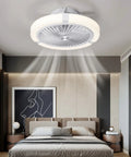 Bladeless 18Inch Flush Mount Ceiling Fan With Light Remote Control in bedroom, low profile enclosed design, LED dimmable lighting