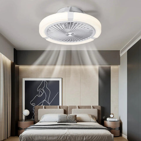 Bladeless 18Inch Flush Mount Ceiling Fan With Light Remote Control in bedroom, low profile enclosed design, LED dimmable lighting