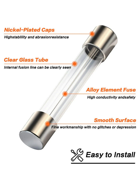 Garage Ready Fast Blow Glass Fuse Assortment Kit For Cars And Trucks 6X30MM Automotive Fuses featuring clear glass tube and nickel-plated caps.