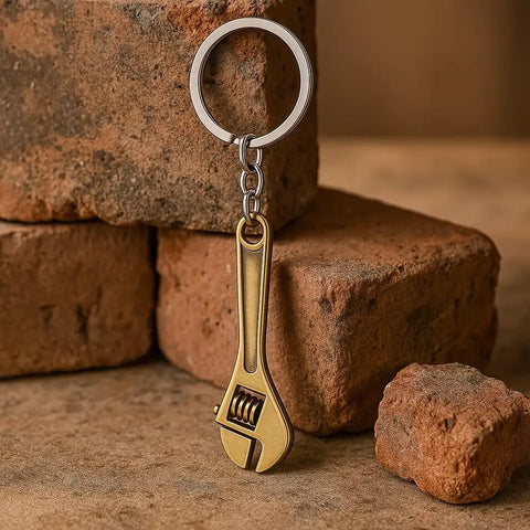 Adjustable Wrench Keychain For Women With Realistic Copper Color Mini Tool Charm on rustic background